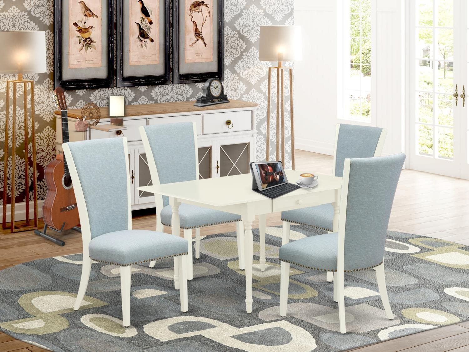 East West Furniture Mzve5-Lwh-15 5 Piece Dining Table Set Includes A Rectangle Wooden Table With Dropleaf And 4 Baby Blue Linen Fabric Parson Dining Room Chairs, 36X54 Inch, Linen White